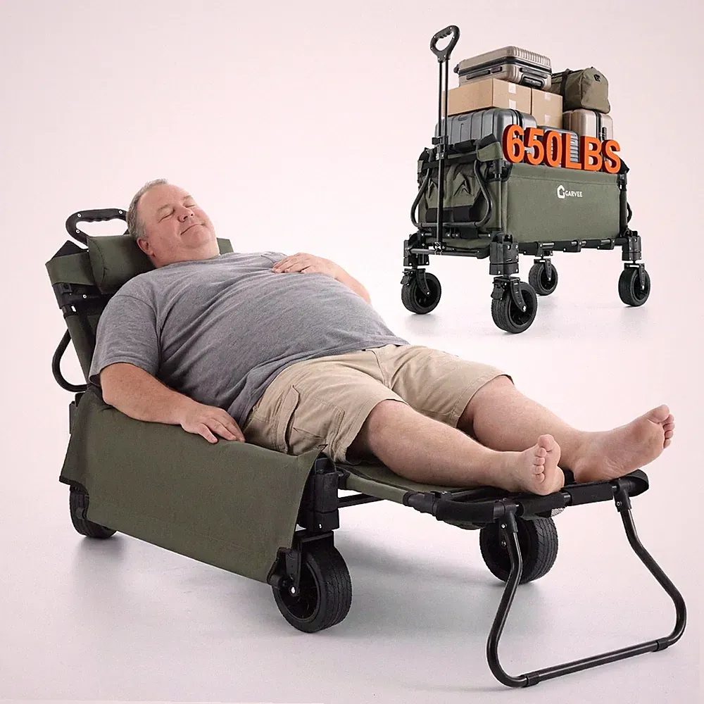 2-in-1 Heavy Duty Folding Garden Wagon Cart – Converts to Lounge Chair W/ Wheels