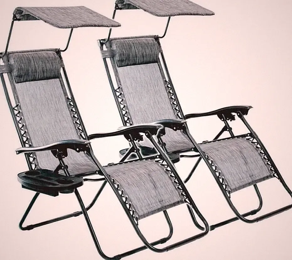 2x Deluxe Lounger Garden Chairs With Headrests, Cup Holders & Sunshade - Grey