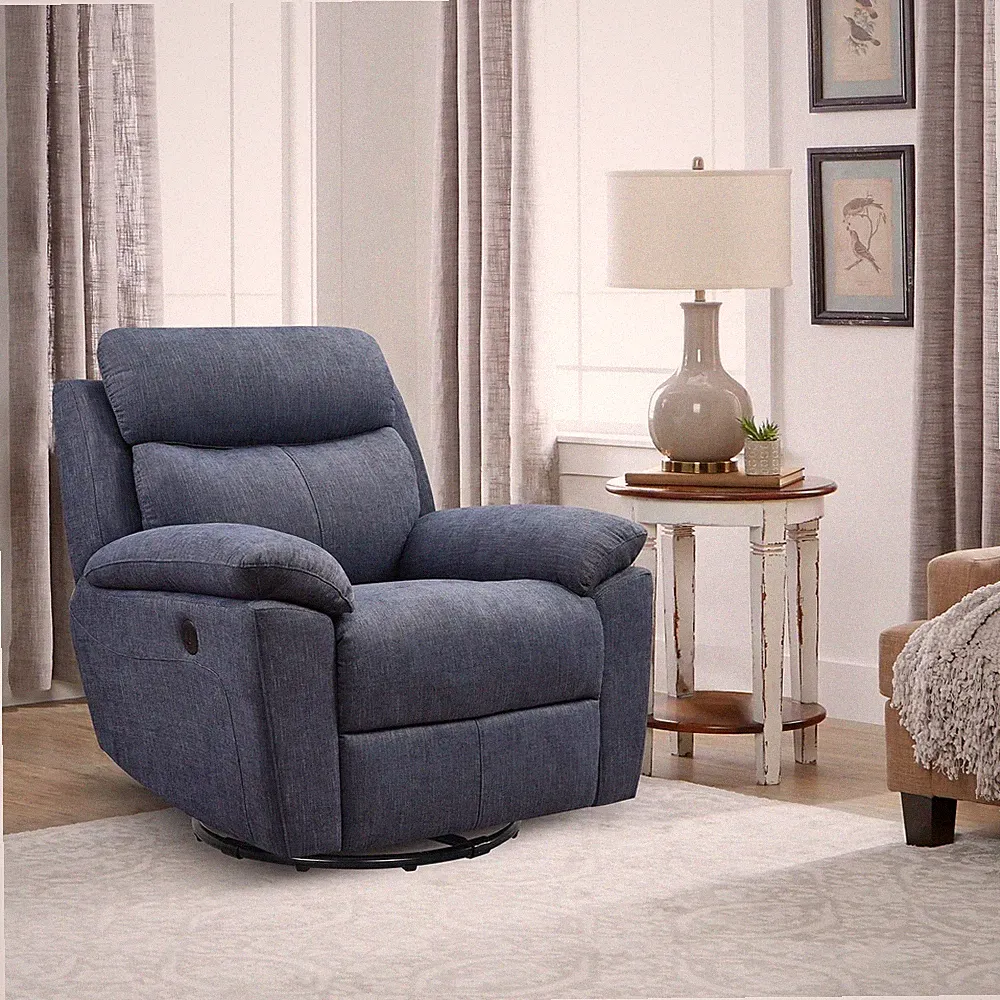 35.43" X 39.37" X 39.8" Blue Fabric Glider & Swivel Power Recliner With Usb Por