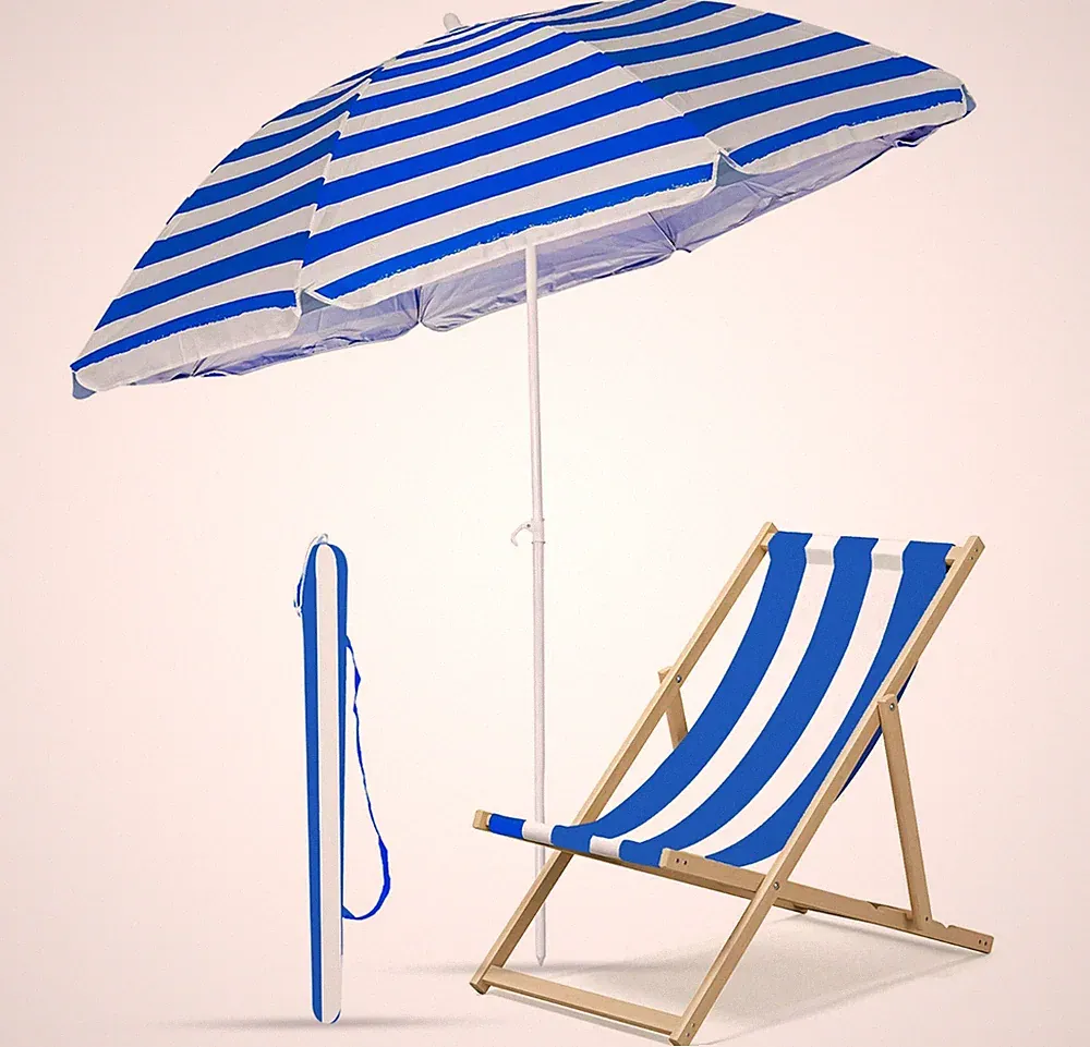Garden Parasol Umbrella & Wooden Deck Folding Chair Lounger Sunbed Beach Seaside