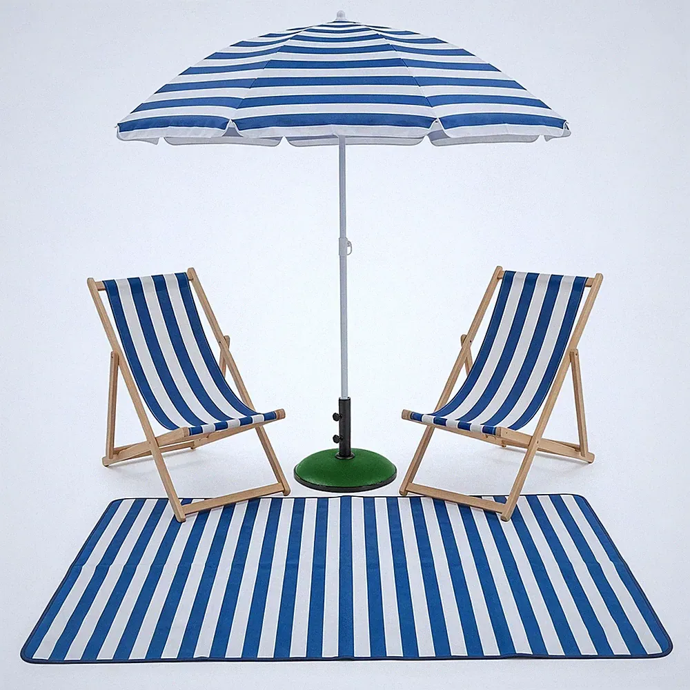 Garden Parasol Umbrella & Wooden Deck Folding Chair Lounger Sunbed Picnic Mat