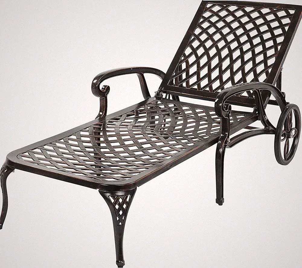 Lounge Chair for Patio Cast Aluminum Recliner w/ Adjustable Back Rolling Wheels
