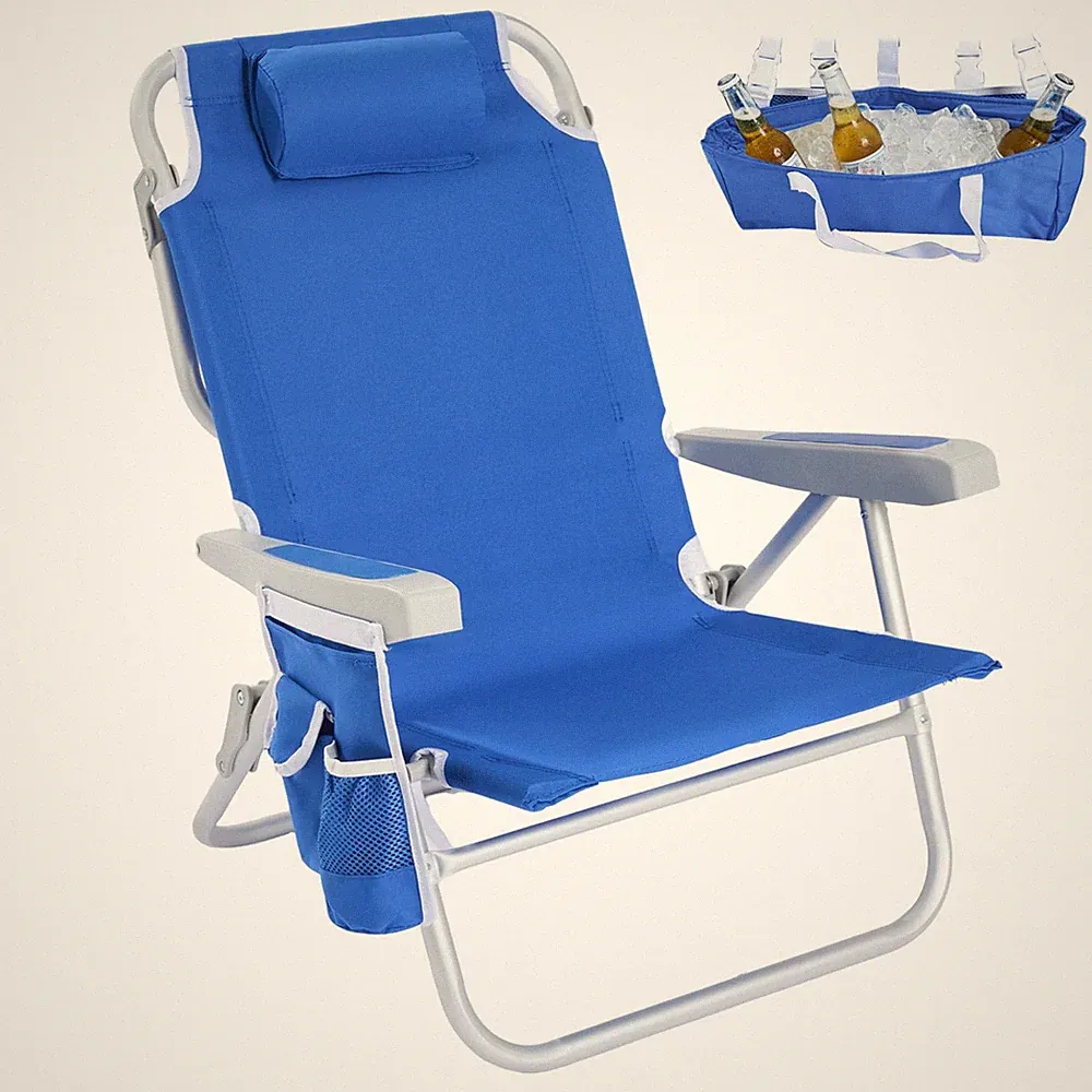 Low Beach Chair 5 Position Lay Flat, Portable Folding Backpack Beach Chairs H...