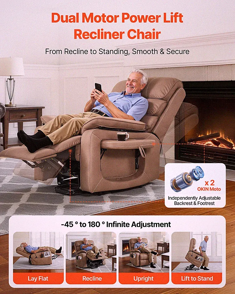 Medium Wide Dual Motor Power Lift Recliner Heat Massage Brown