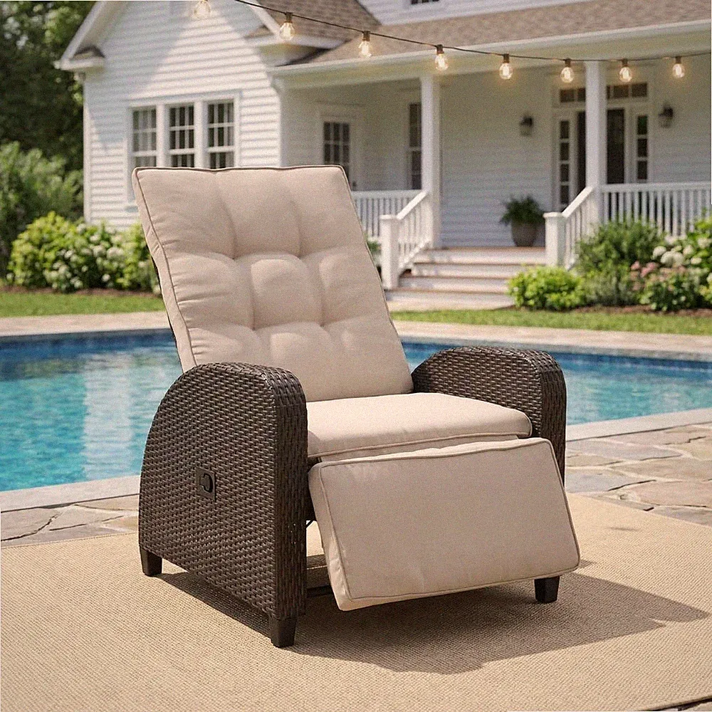 Outdoor Patio Recliner with Adjustable Backrest and Footrest, All-Weather Wic...