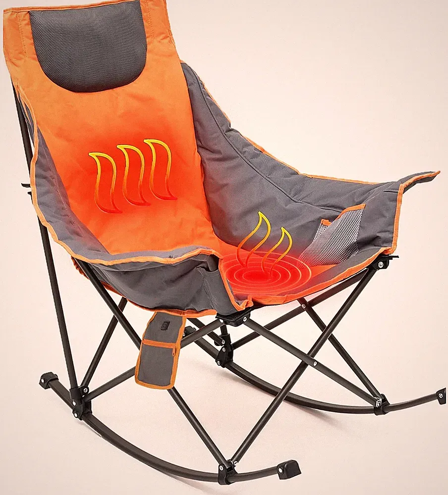 Oversized Heated Folding Rocking Camping Chair with Padded Recliner, 500 LBS Cap