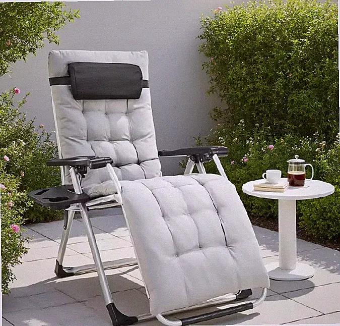 Portable Recliner Camping Patio Outdoor Garden Lounge Chair with Cup Holder Tray