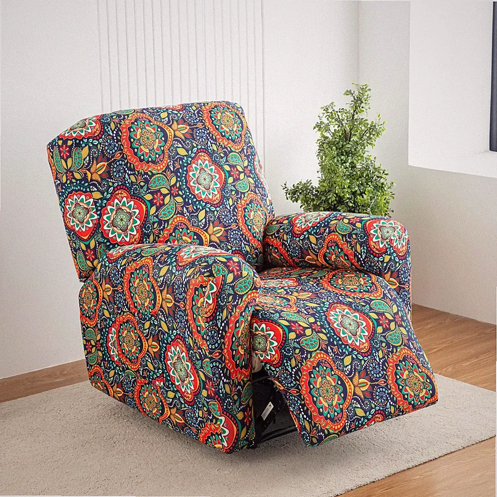Printed stretch recliner cover, side pockets, home decor protection, stylish