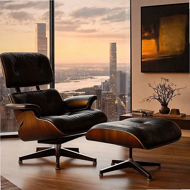 Pro Tall Eames Lounge Chair & Ottoman Armchair Club Seat Genuine Leather Walnut