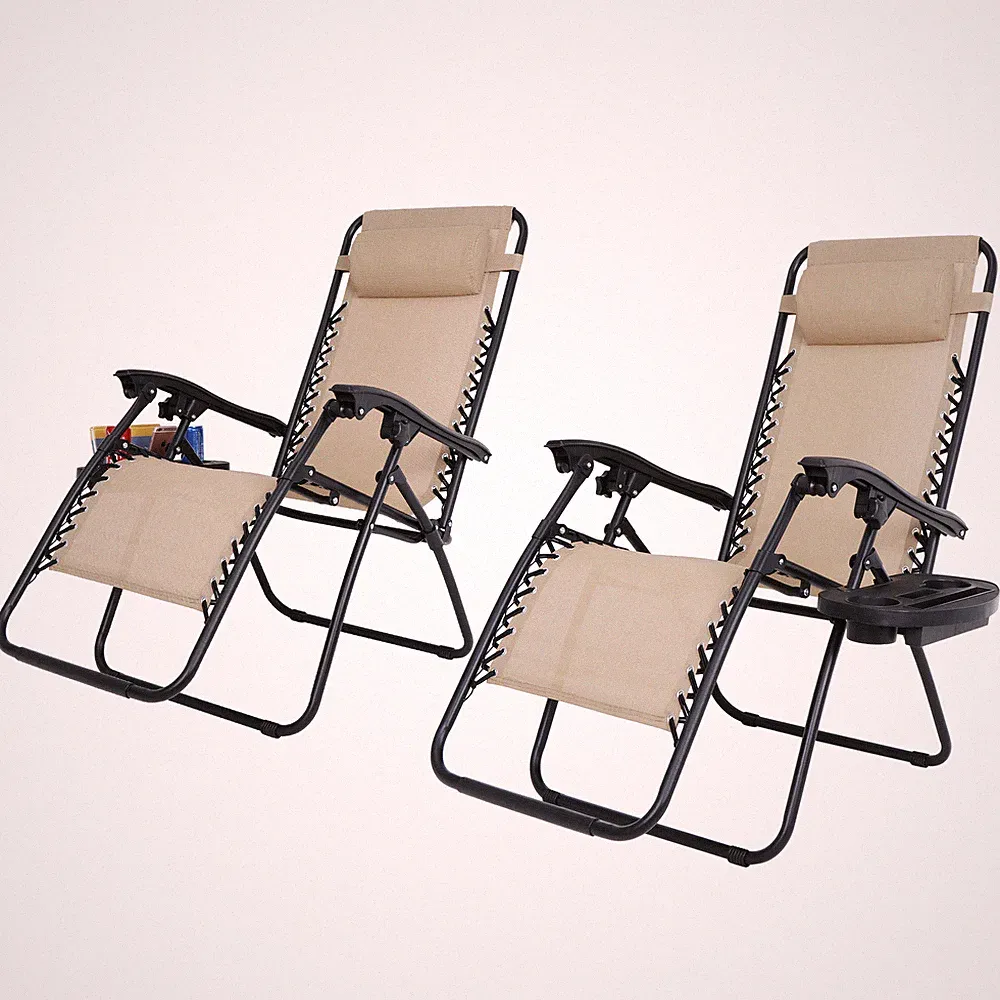 Set of 2 Zero Gravity Recline Chairs Folding Deck Lounge Tray Patio Garden Beach