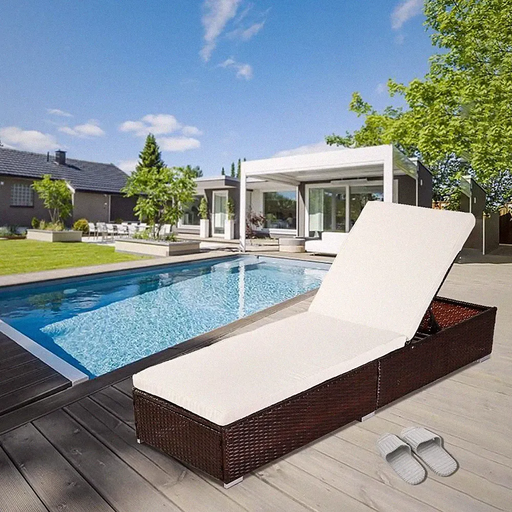 Sun Lounger with Cushion PE Rattan Wicker Patio Pool Chair Day Bed Garden Lawn