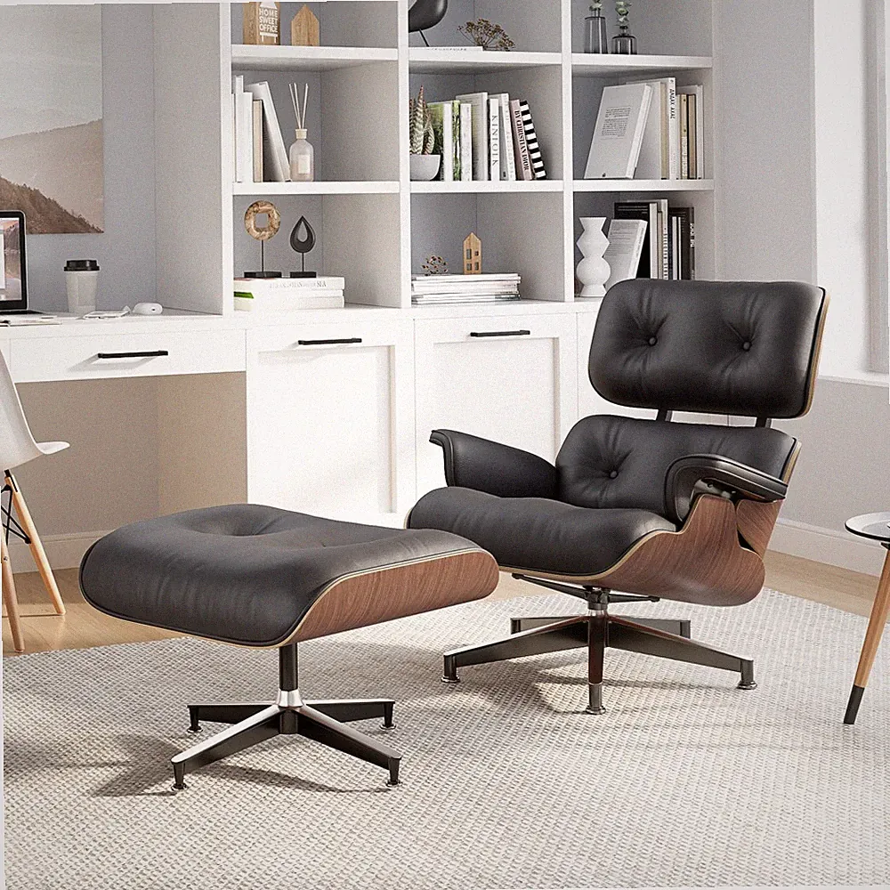 Used Tall Eames Lounge Chair and Ottoman Swivel Armchair Genuine Leather Walnut