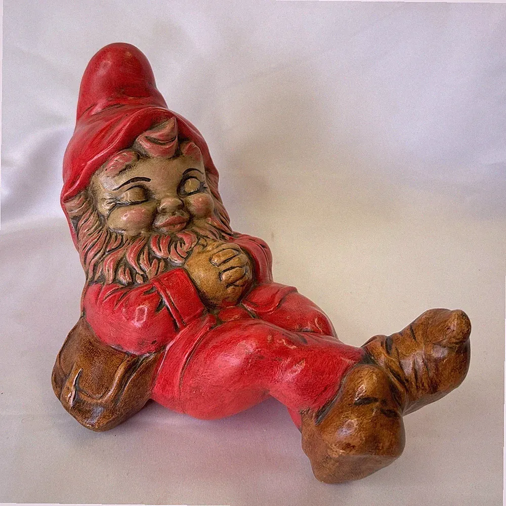 Vintage Ceramic Reclining Garden Gnome Figurine Red Napping Bearded Hand Painted