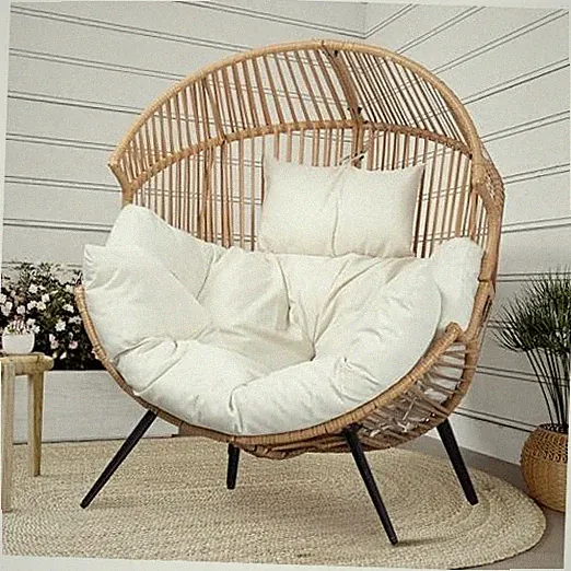 Wicker Outdoor Rattan Patio Chair with Cushion,Oversized Patio Egg Chair Beige